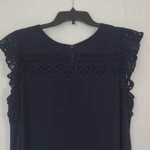 LOFT Navy Sleeveless Blouse with Lace Yoke